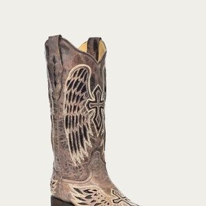 A1197 - WOMEN'S BLACK GLITTER INLAY CROSS AND WINGS EMBROIDERY Boot Sz 9.5 M GUC